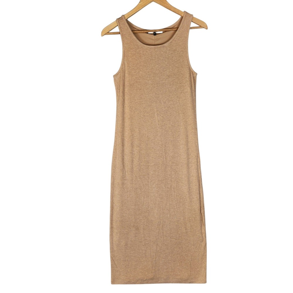 Quince Tencel Rib Knit Tank Midi Dress Large Tan Sleeveless Sheath